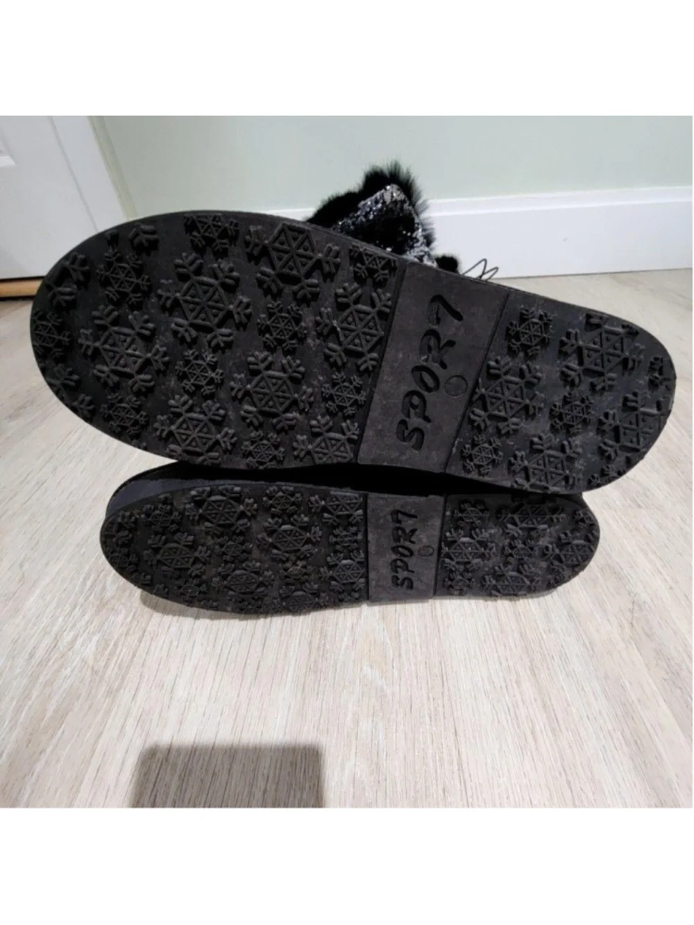 Sequin Snow Boots Womens 8 Black Over The Knee Faux Fur Wedge Winter Party